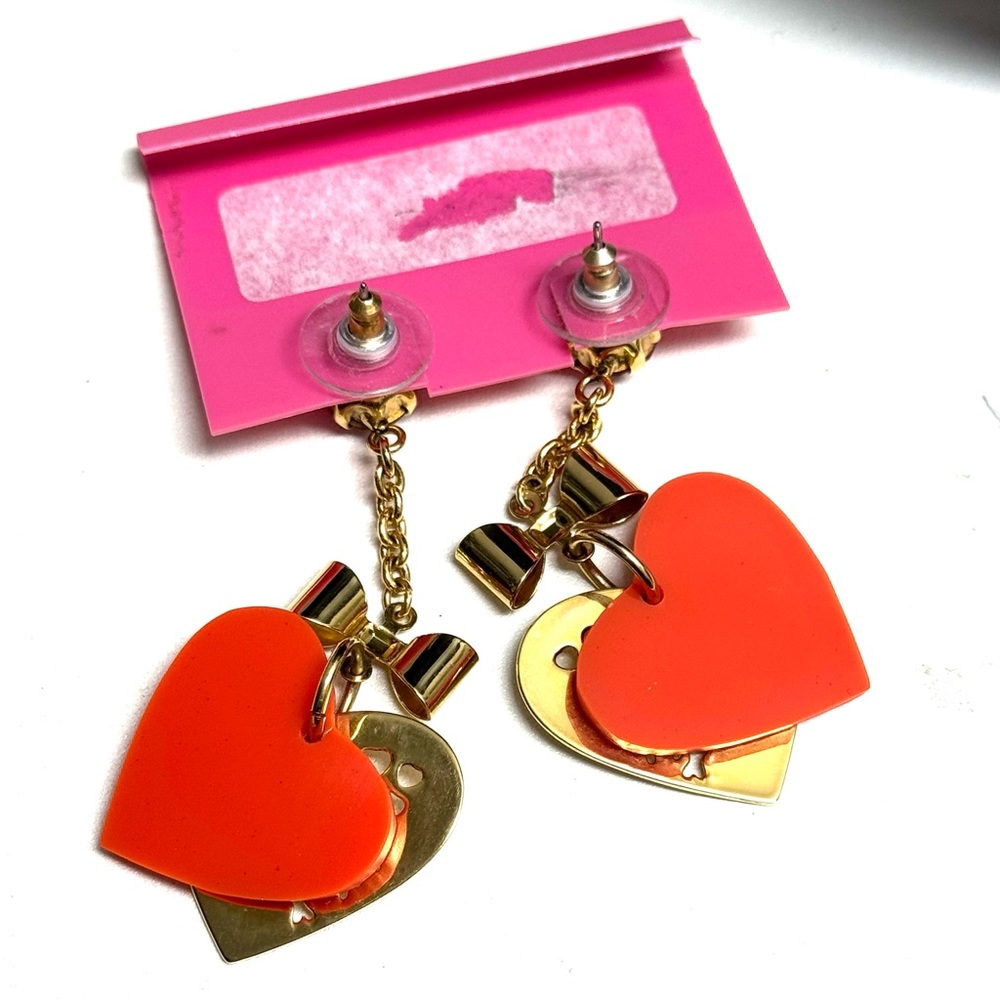 Betsey Johnson Heart Cat Dangle Earrings Gold & Orange Rare XOXO - Picture 2 of 8